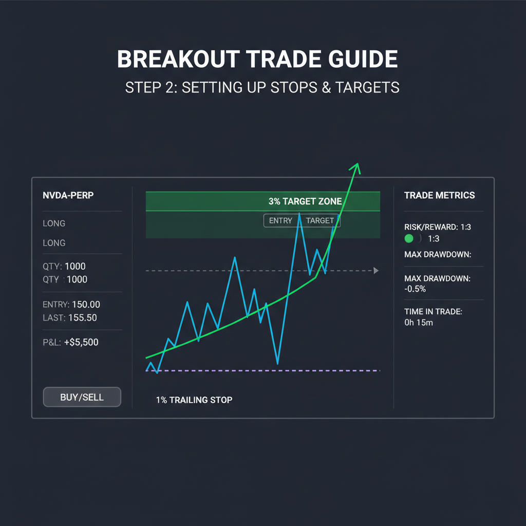 dynamic chart with 1% trailing stop line and 3% target zone on NVDA-PERP breakout trade dashboard