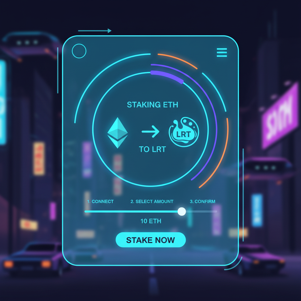 futuristic wallet interface staking ETH to liquid restaking tokens, neon blues, cyberpunk style