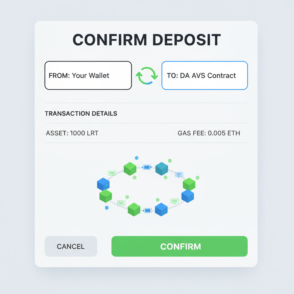 transaction approval screen depositing LRTs to DA AVS, green confirm button, blockchain transaction animation