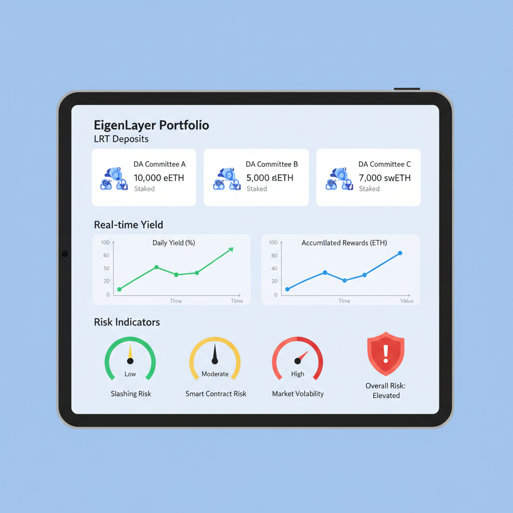 EigenLayer portfolio dashboard showing LRT deposits in DA committees, real-time yield charts, risk indicators