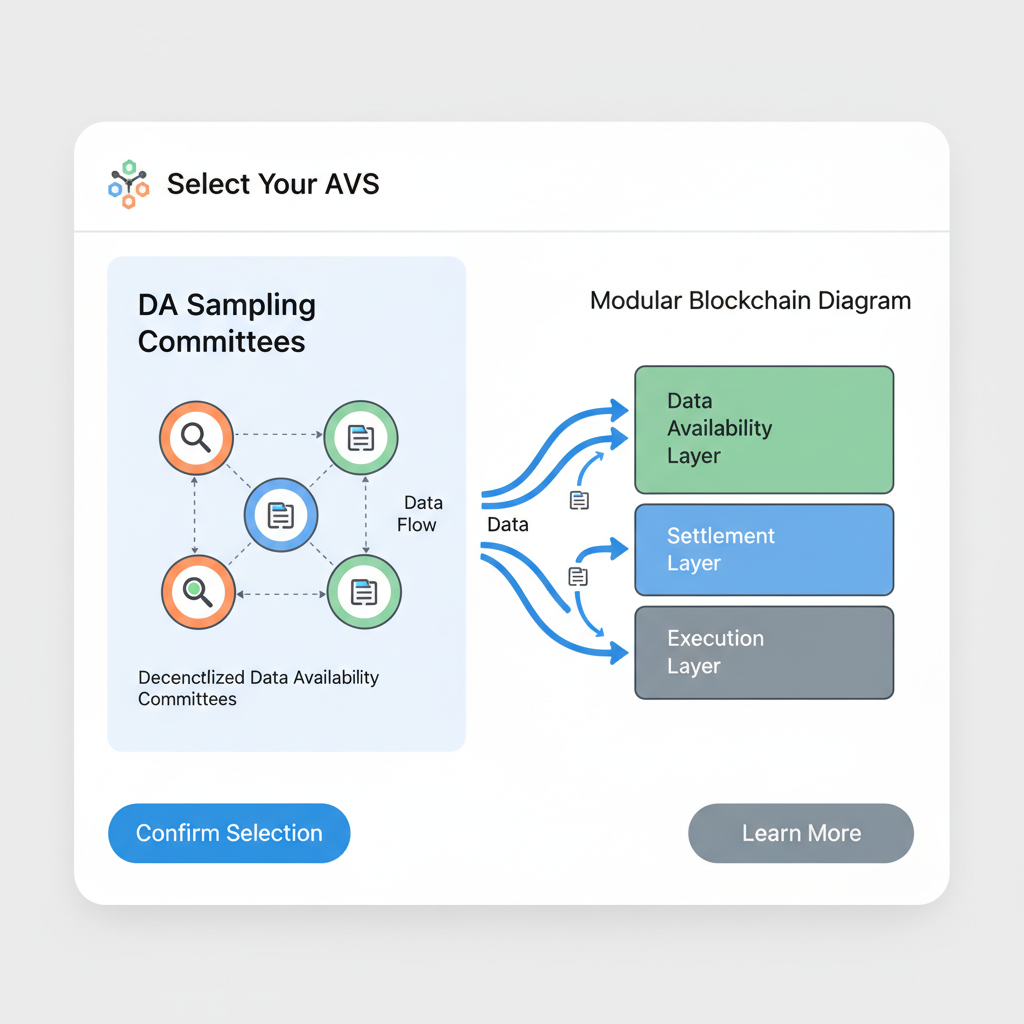 EigenLayer AVS selection screen highlighting DA sampling committees, data flow visuals, modular blockchain diagram
