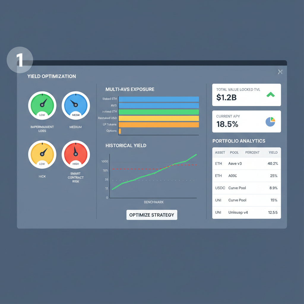yield optimization dashboard with risk gauges, multi-AVS exposure graph, professional DeFi analytics UI