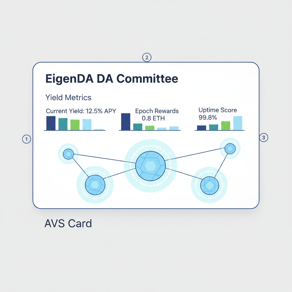 close-up of AVS card for EigenDA DA committee, yield metrics displayed, holographic data availability nodes