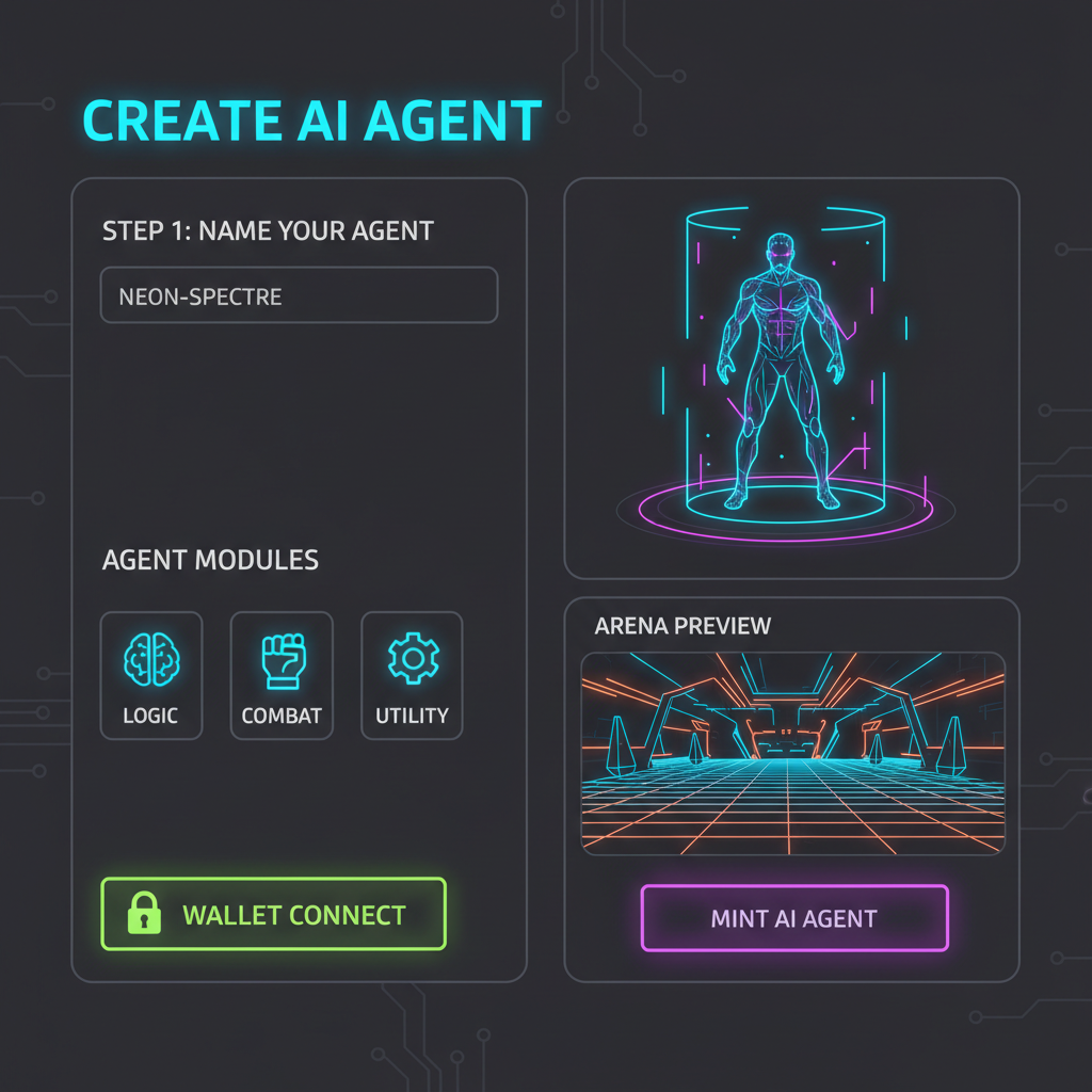 futuristic web dashboard creating AI agent, neon arena preview, wallet connect button, holographic fighter model