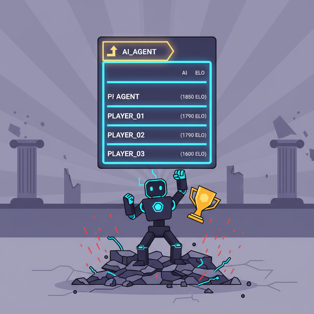 glowing ELO leaderboard rising rank, epic AI agent victory pose amid arena debris and sparks