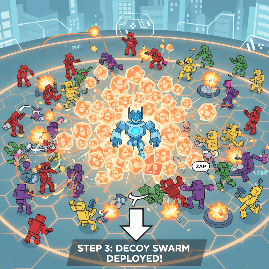 central AI fighter spawning glowing decoy swarm, enemy distracted in crowded physics battle arena