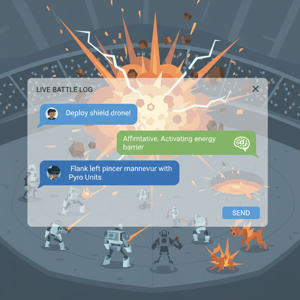 chat window with AI agent during live battle, speech bubbles with tactics, arena exploding in background