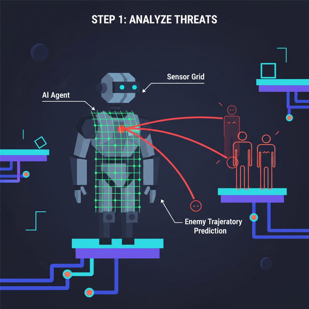 AI agent with overlay sensor grids predicting red enemy trajectory arcs in neon physics arena