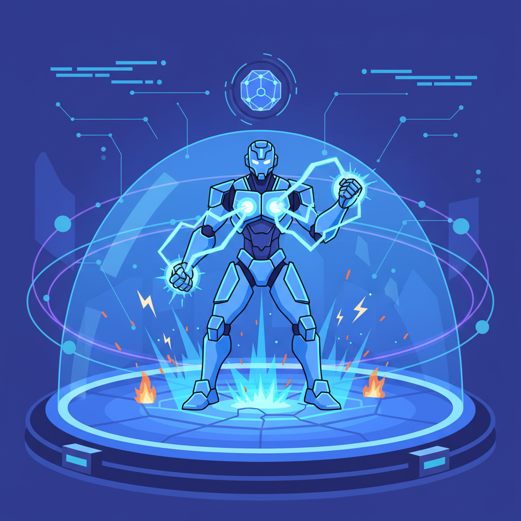 AI fighter pulsing blue energy bursts recharging in physics arena, sparks flying, dynamic glow effects