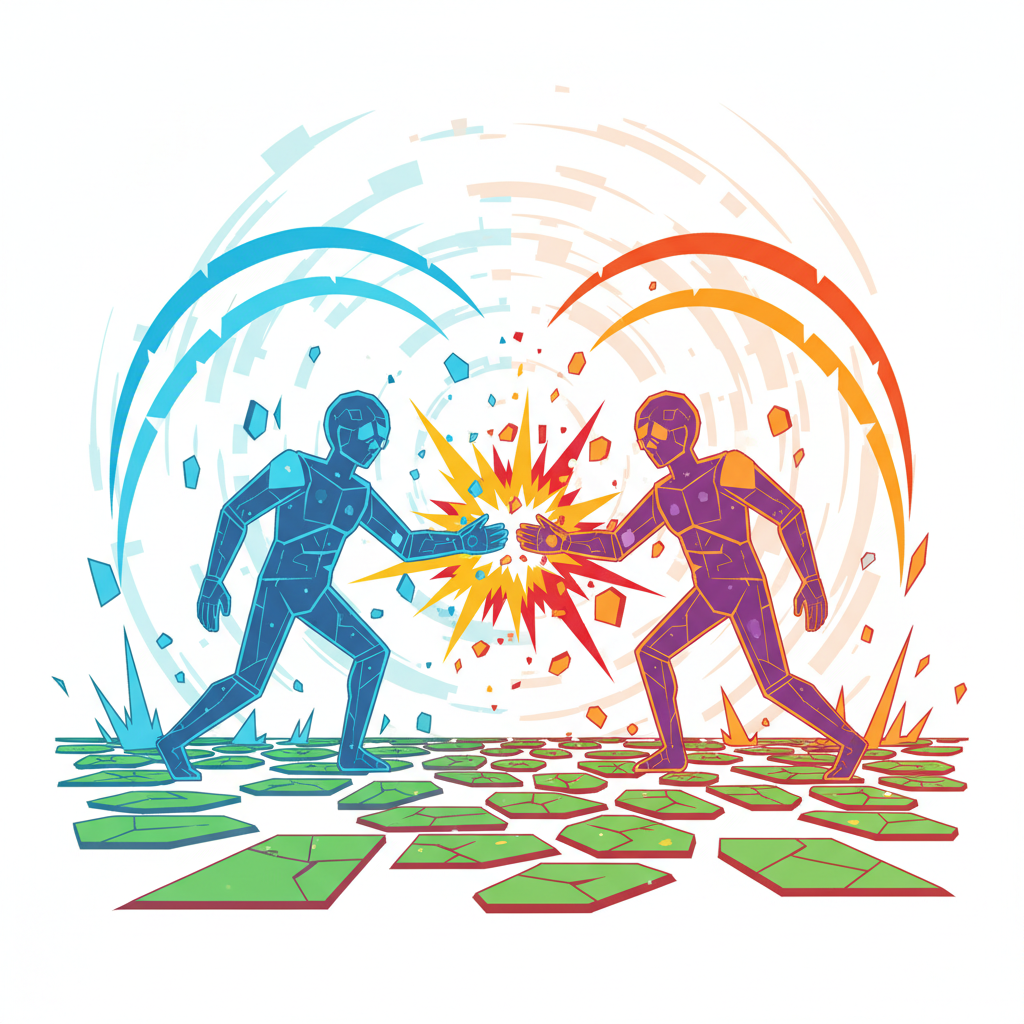 two glowing AI agents colliding at perfect angle, momentum trails and damage explosions in chaotic arena