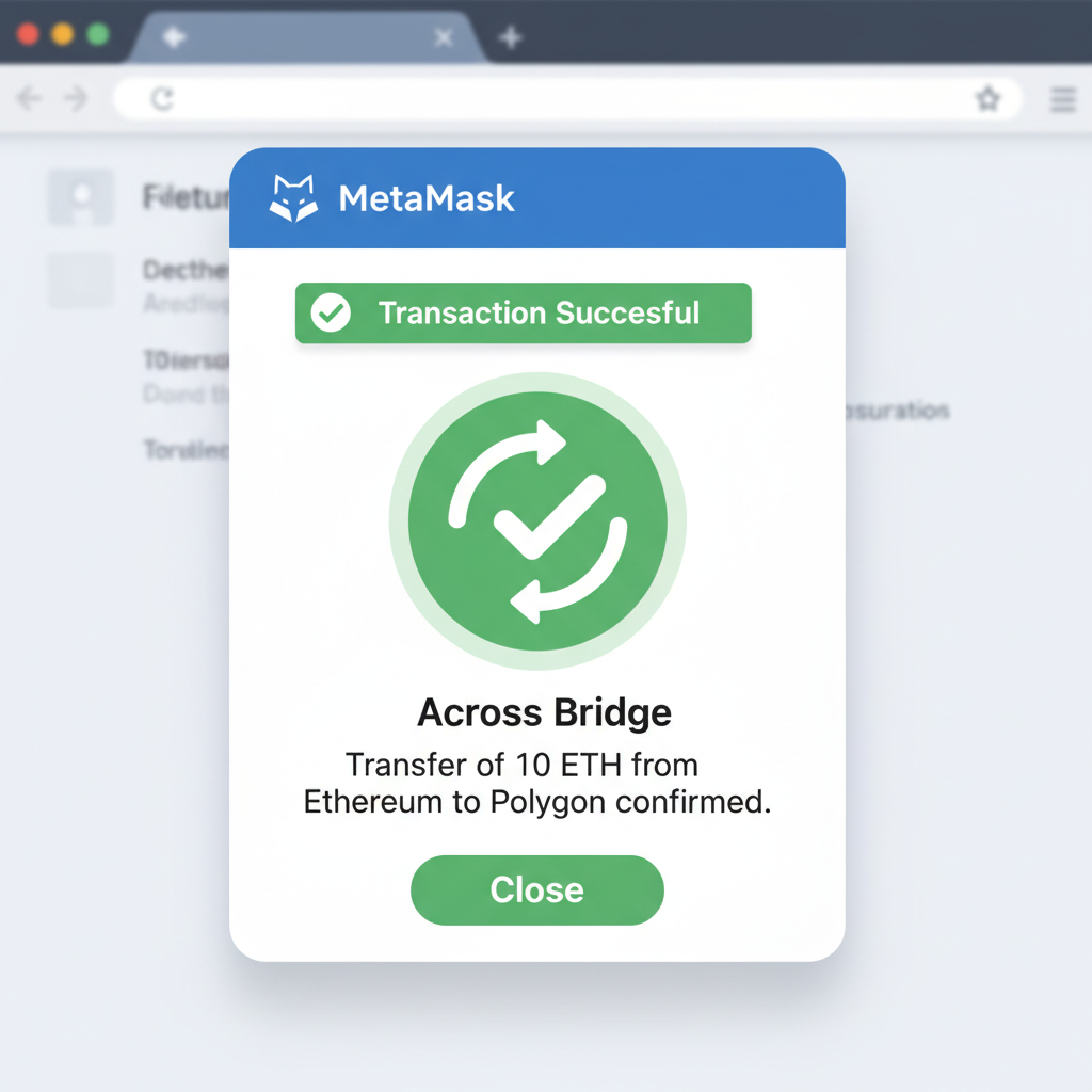 MetaMask confirmation popup for Across bridge tx, success animation