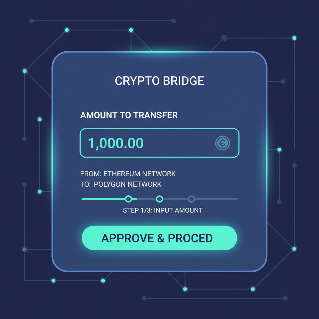 crypto bridge amount input and approve button screen, futuristic UI