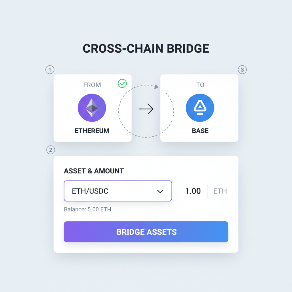 Across bridge selector UI, Ethereum to Base, ETH/USDC dropdown, clean interface