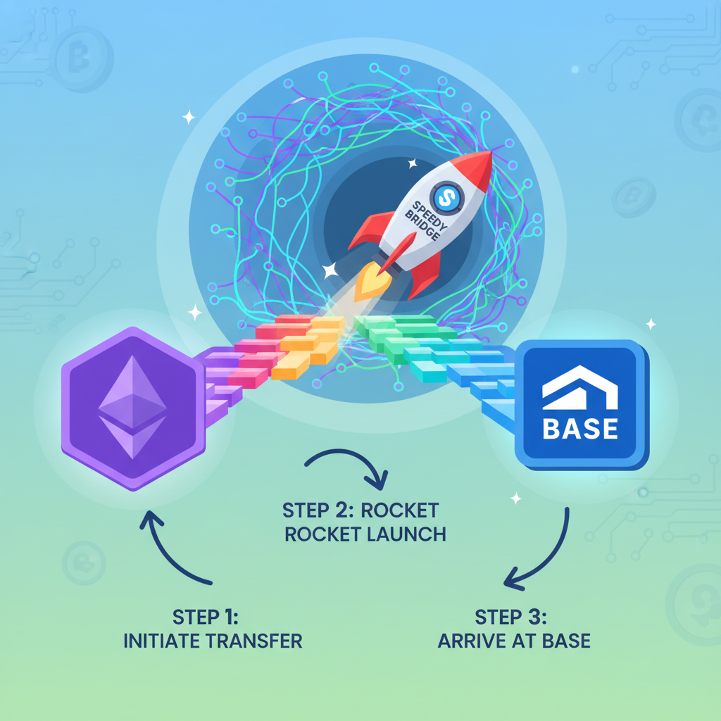 cartoon speedy bridge rocket flying from Ethereum to Base chain, vibrant crypto colors