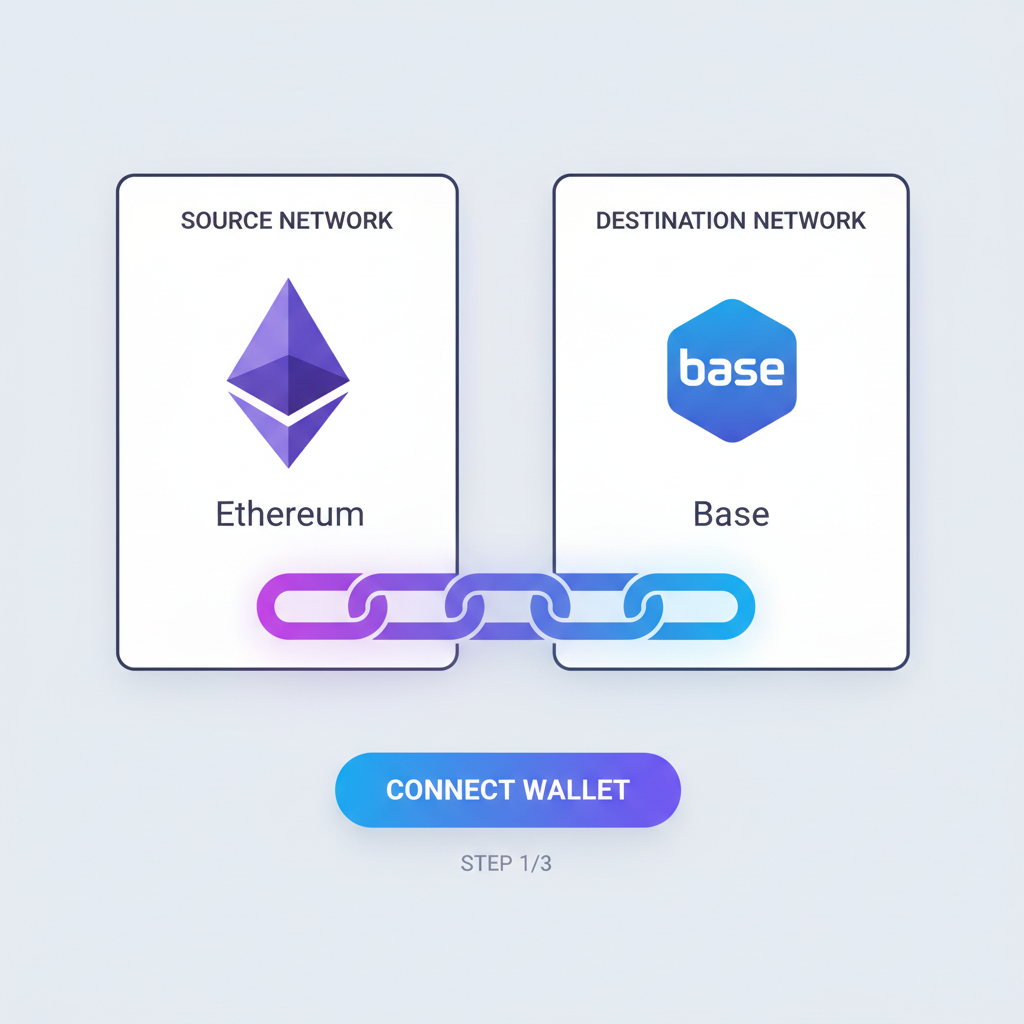bridge UI selecting Ethereum source to Base destination, glowing chains