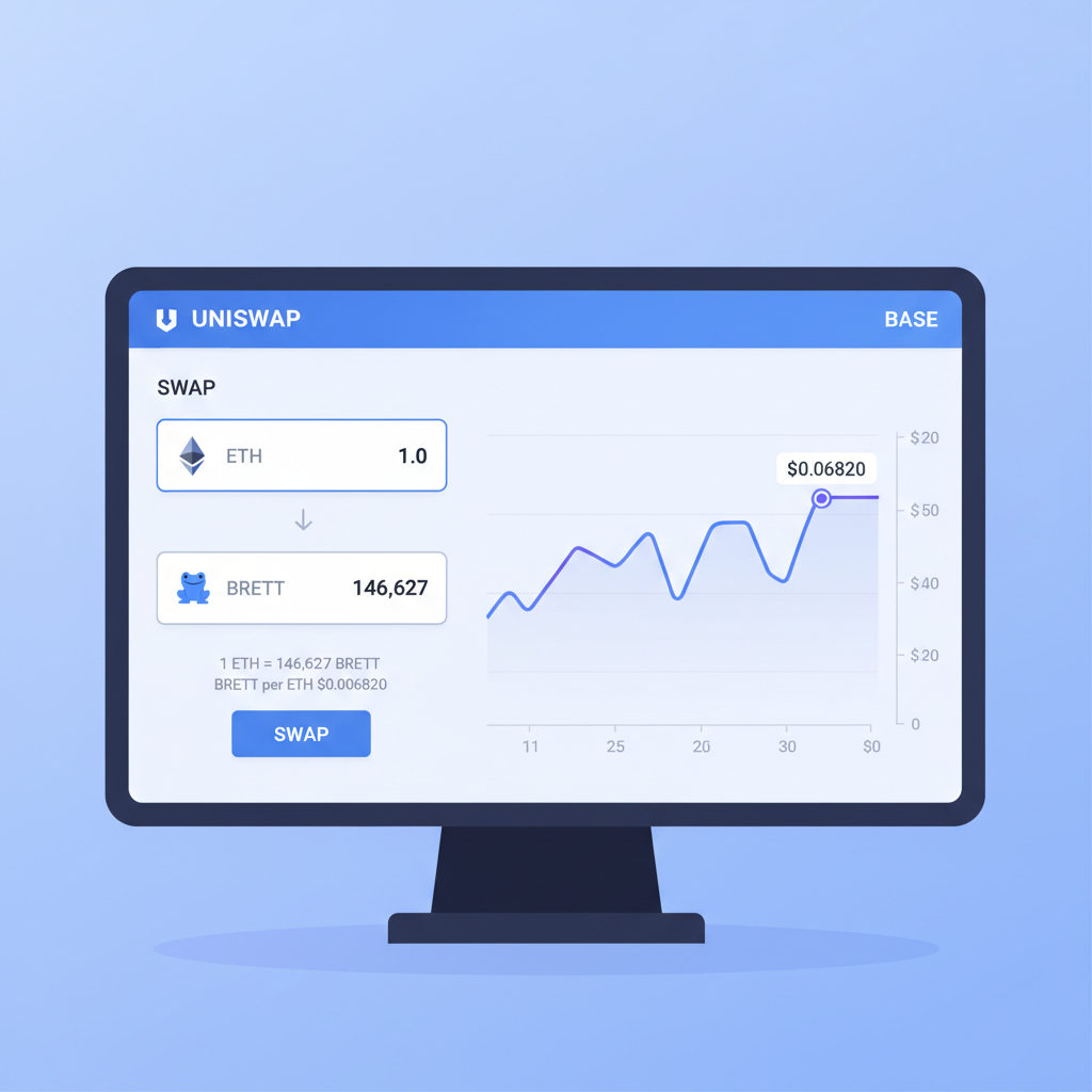 Uniswap on Base swapping ETH to BRETT token, price chart snippet showing $0.006820