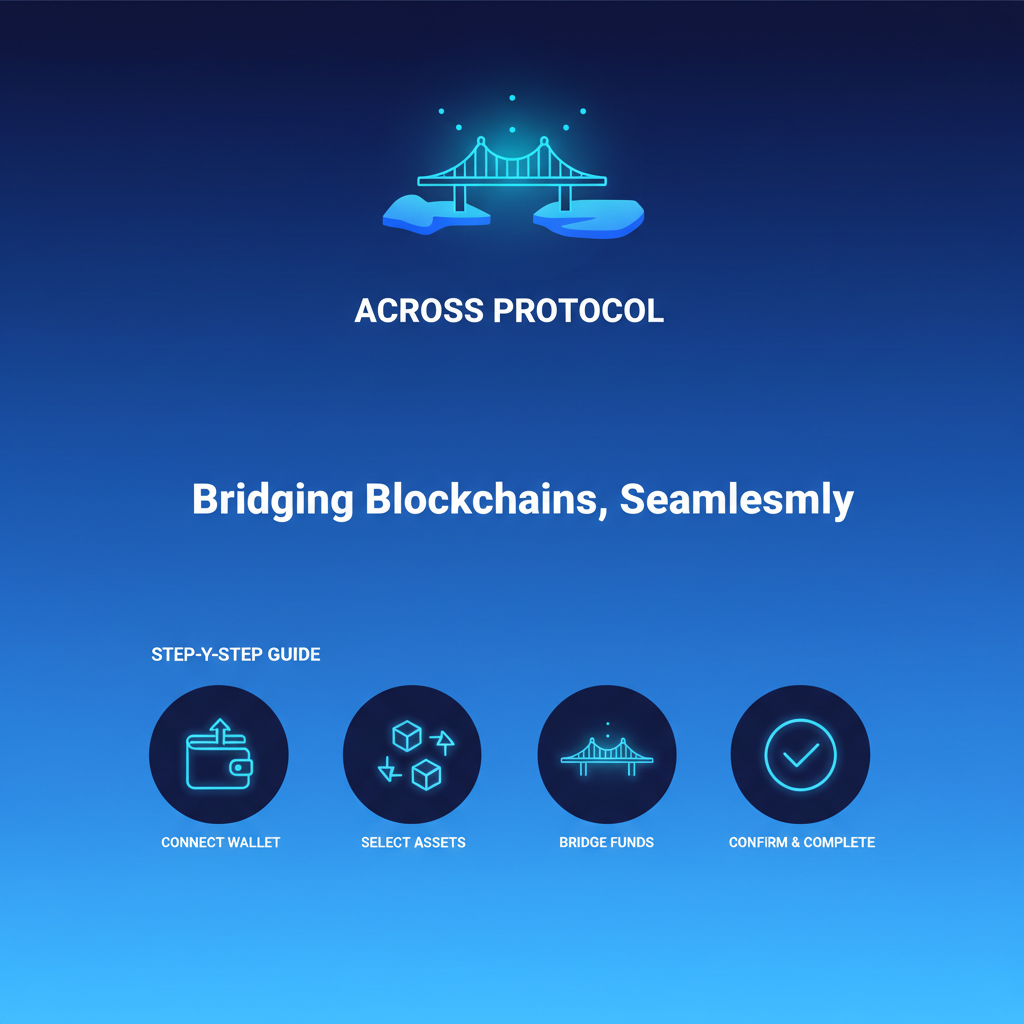 sleek Across Protocol homepage screenshot, vibrant blue tones, bridge icon glowing