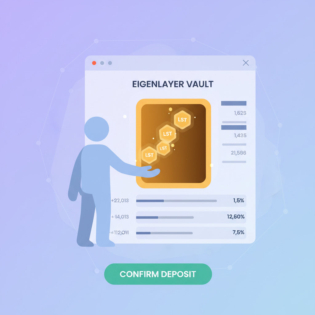 user depositing glowing LST tokens into EigenLayer vault interface