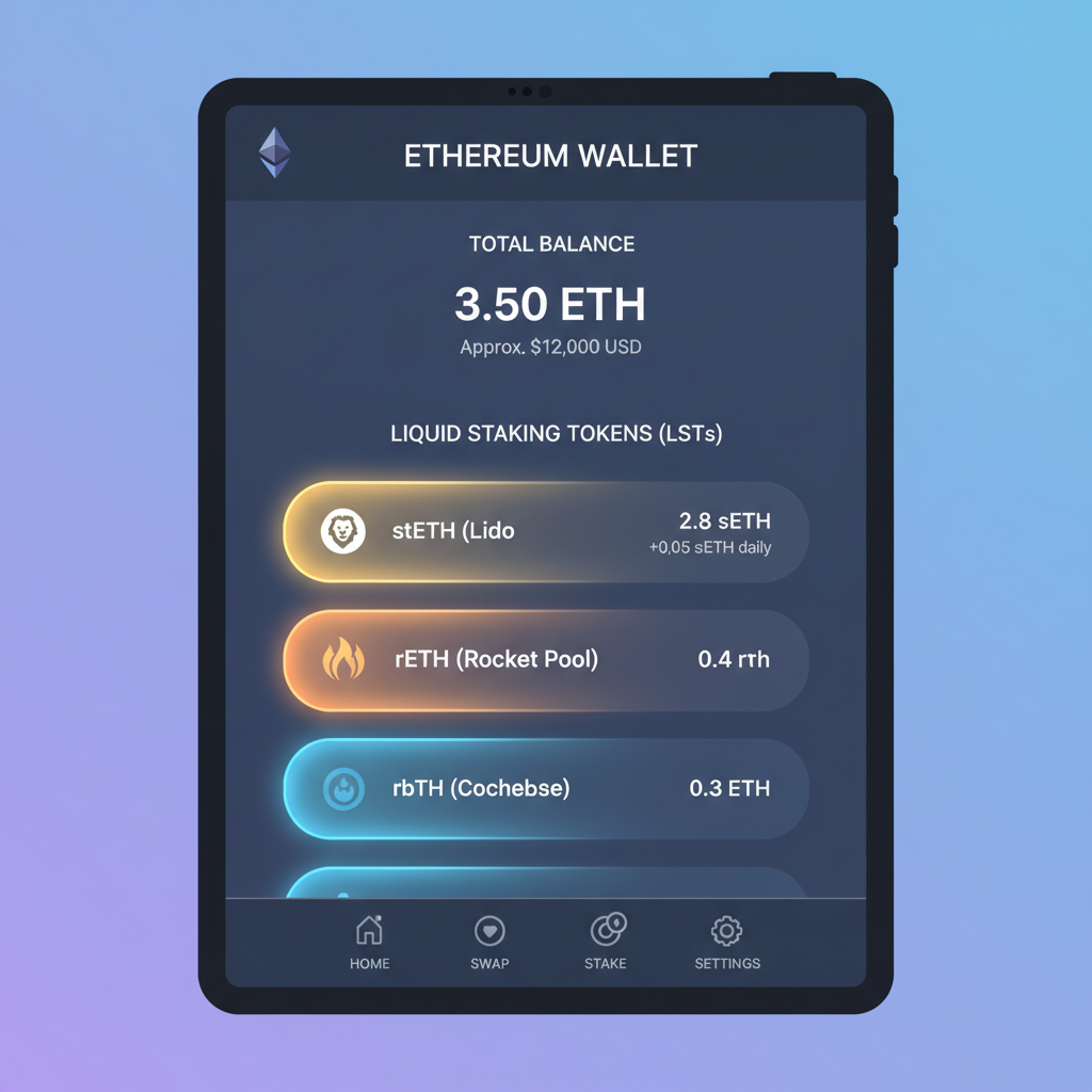 sleek ethereum wallet interface with LST tokens like stETH glowing