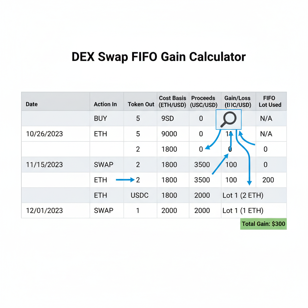 dex swap calculation spreadsheet, eth to usdc fifo gain