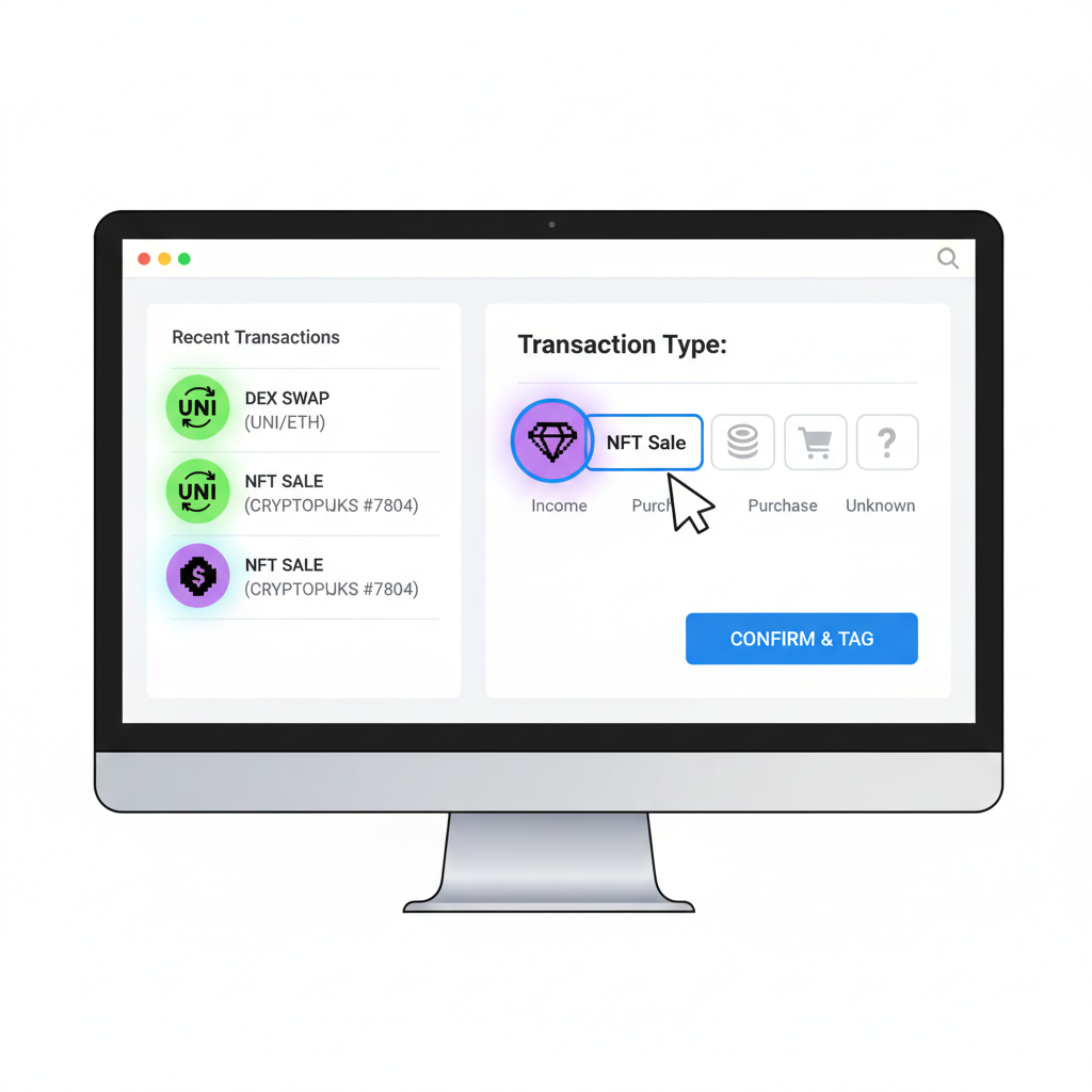 tax software tagging transactions, dex swap nft sale icons highlighted