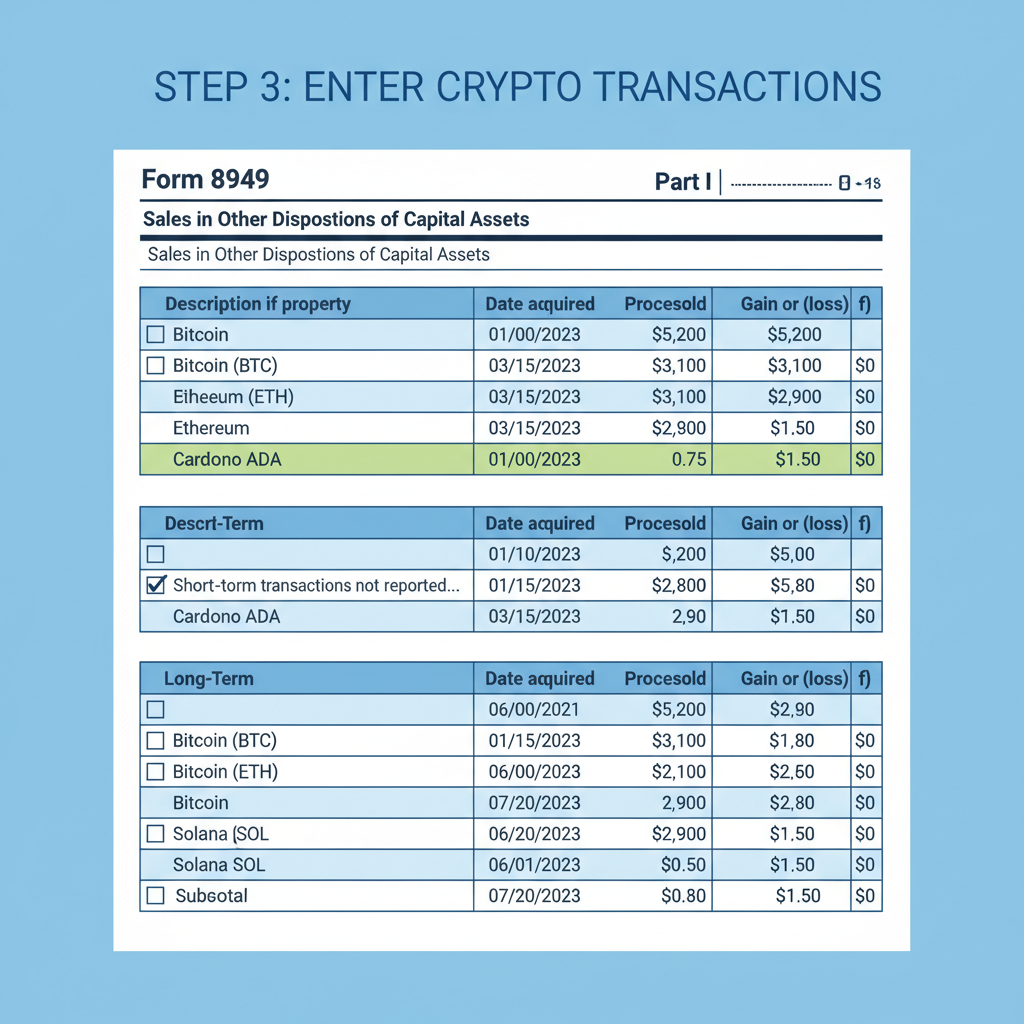 irs form 8949 filled crypto entries, short long term sections