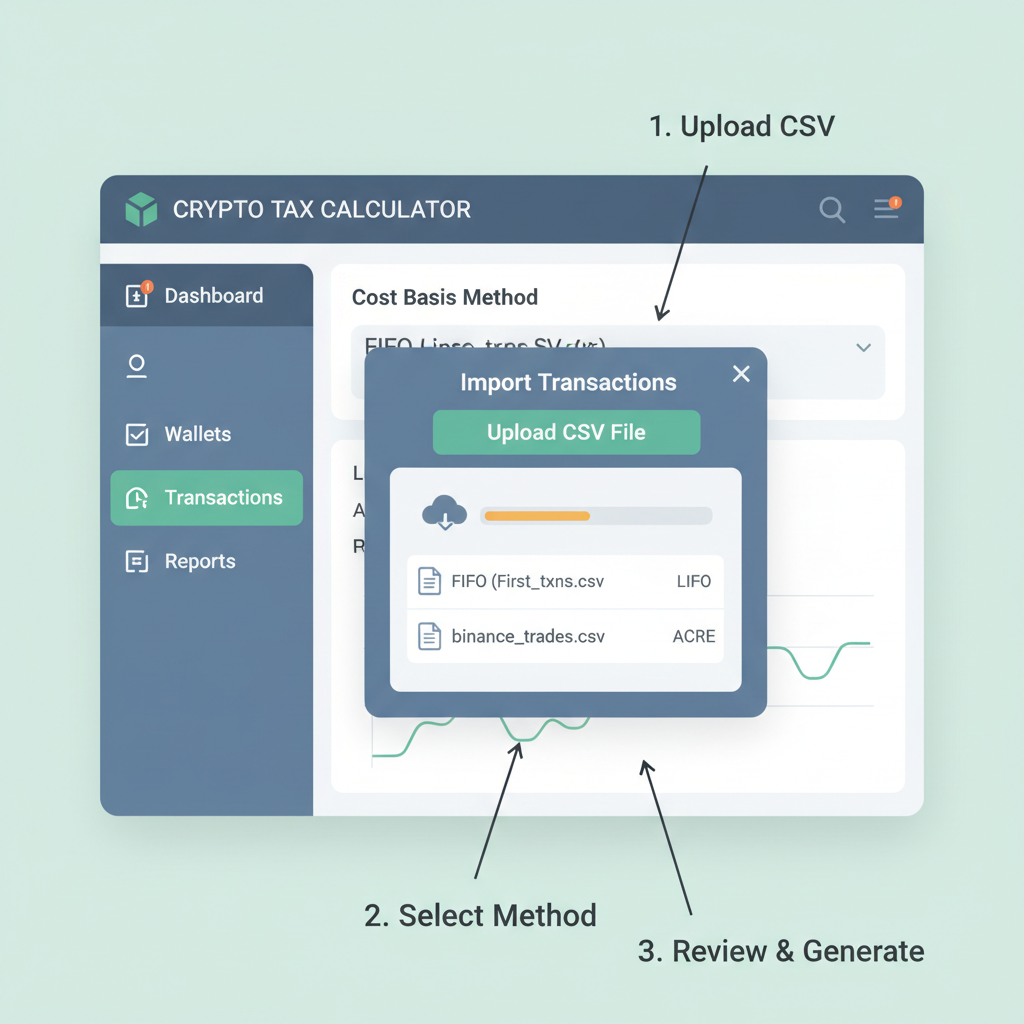 crypto tax software dashboard, importing csv file, fifo method selector