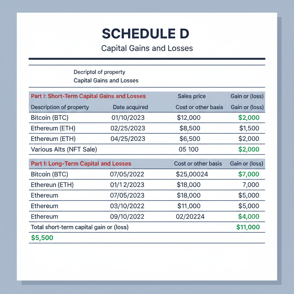 schedule d form with crypto totals, tax return filing checklist