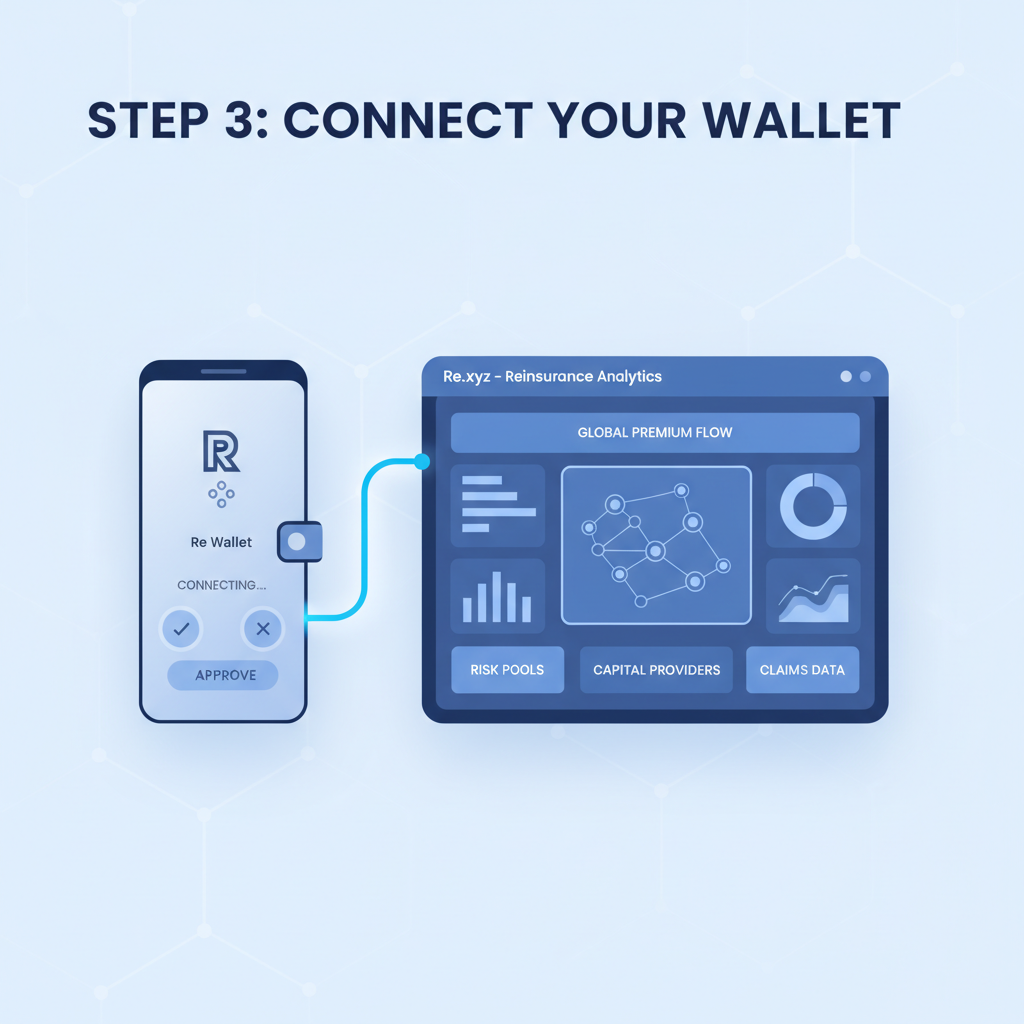 sleek web3 wallet connecting to reinsurance dashboard on Re.xyz, futuristic UI, blue tones