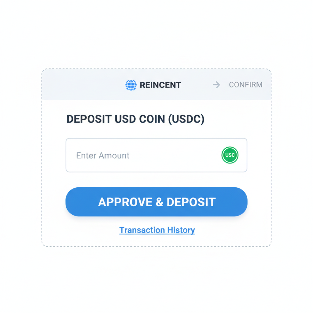 USDC deposit interface on Re reinsurance platform, input field and approve button, professional UI