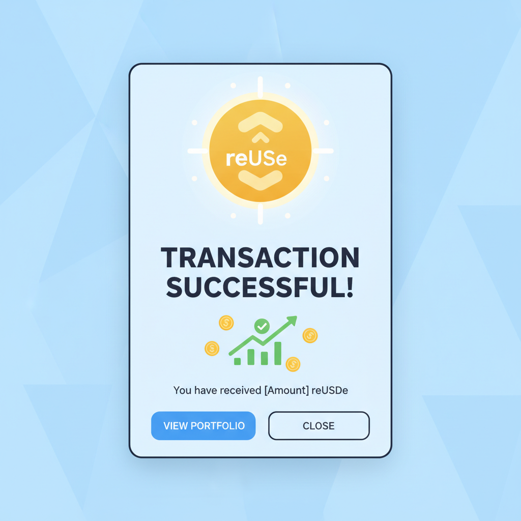 receiving yield-bearing reUSDe token confirmation screen, glowing token icon, success animation