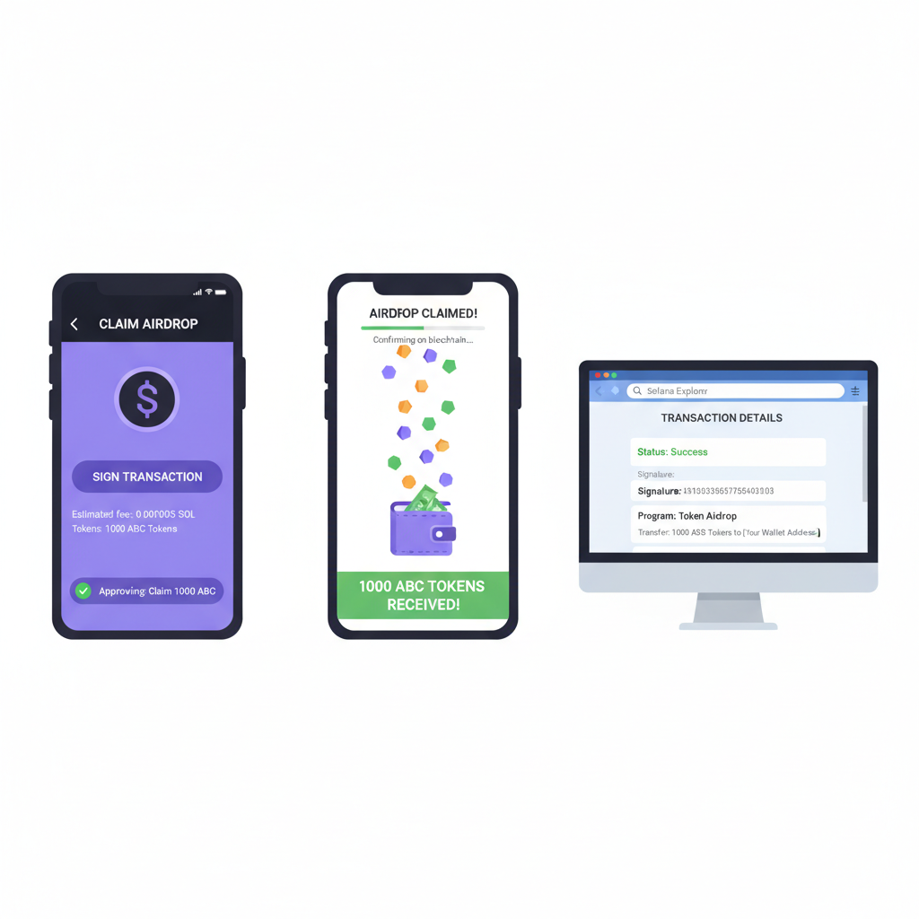 Phantom transaction signature screen for airdrop claim, tokens arriving animation, Solana explorer verification