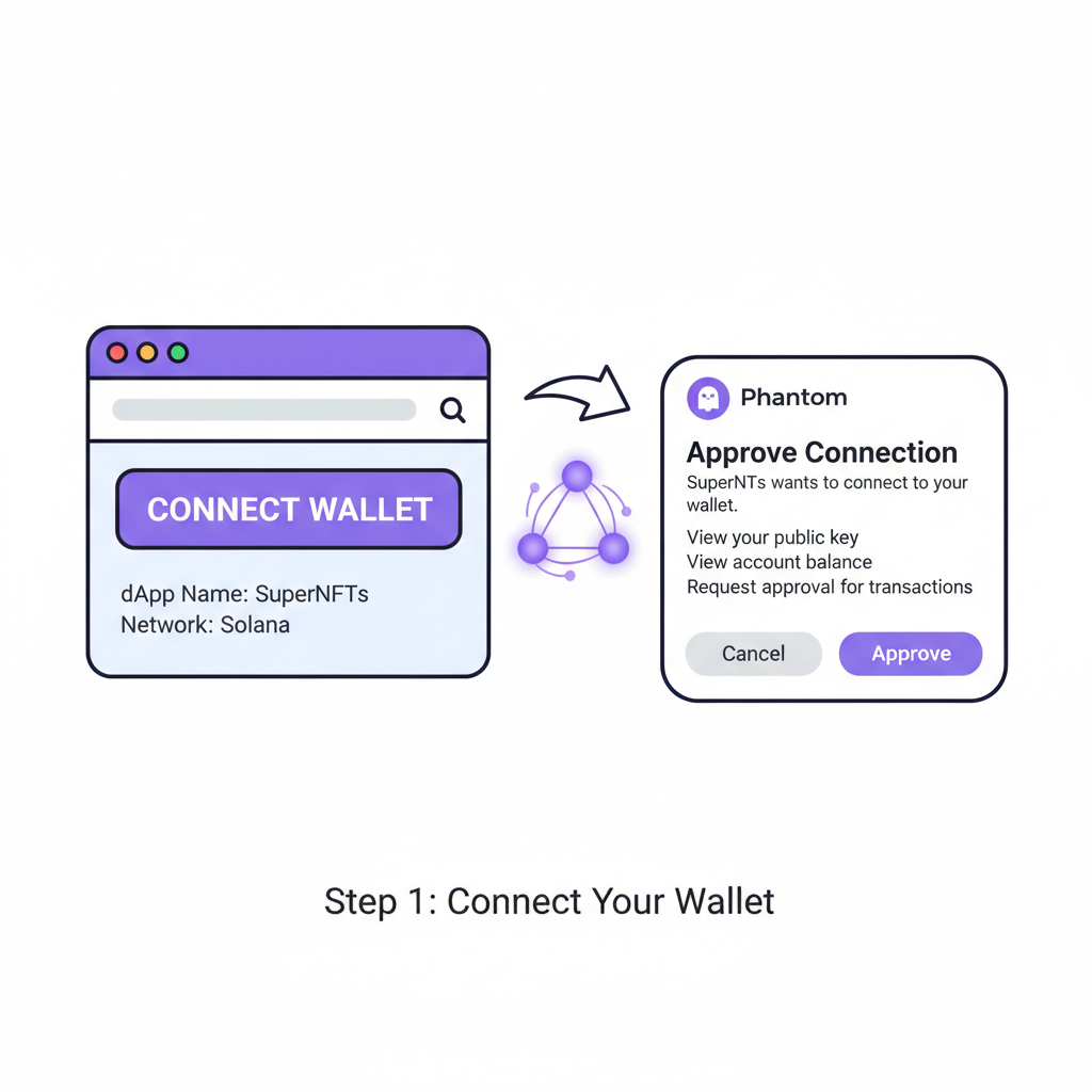 web dApp connect wallet button, Phantom popup approval screen, secure connection animation