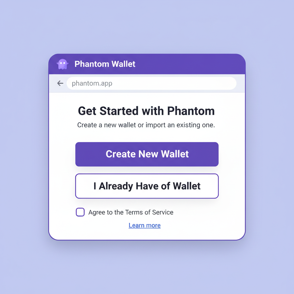 Phantom wallet browser popup showing create new wallet button