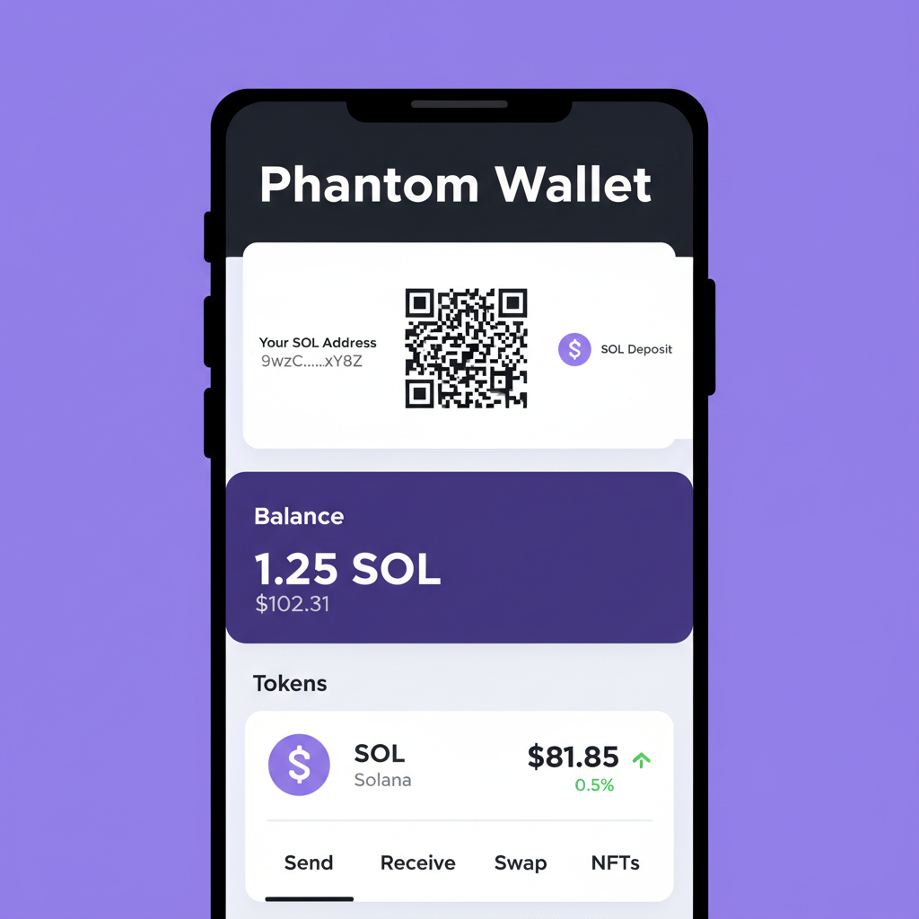Phantom wallet dashboard showing SOL balance deposit, wallet address QR code, SOL token icon at $81.85 price tag