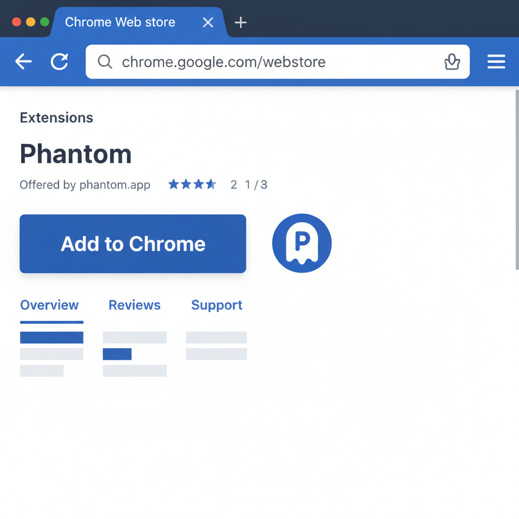clean screenshot of Phantom wallet browser extension install button on Chrome Web Store, modern UI, blue theme