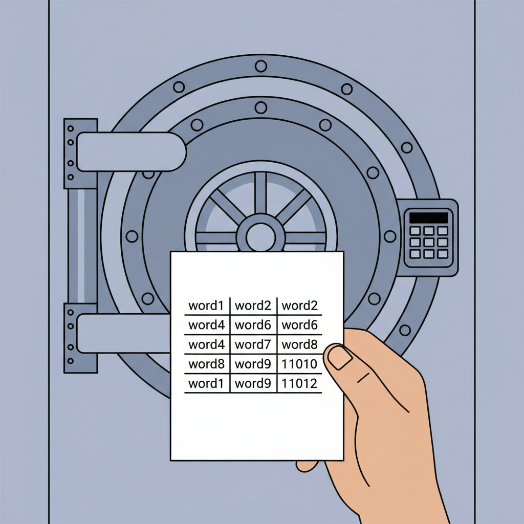 hand holding paper with seed phrase words, secure vault background