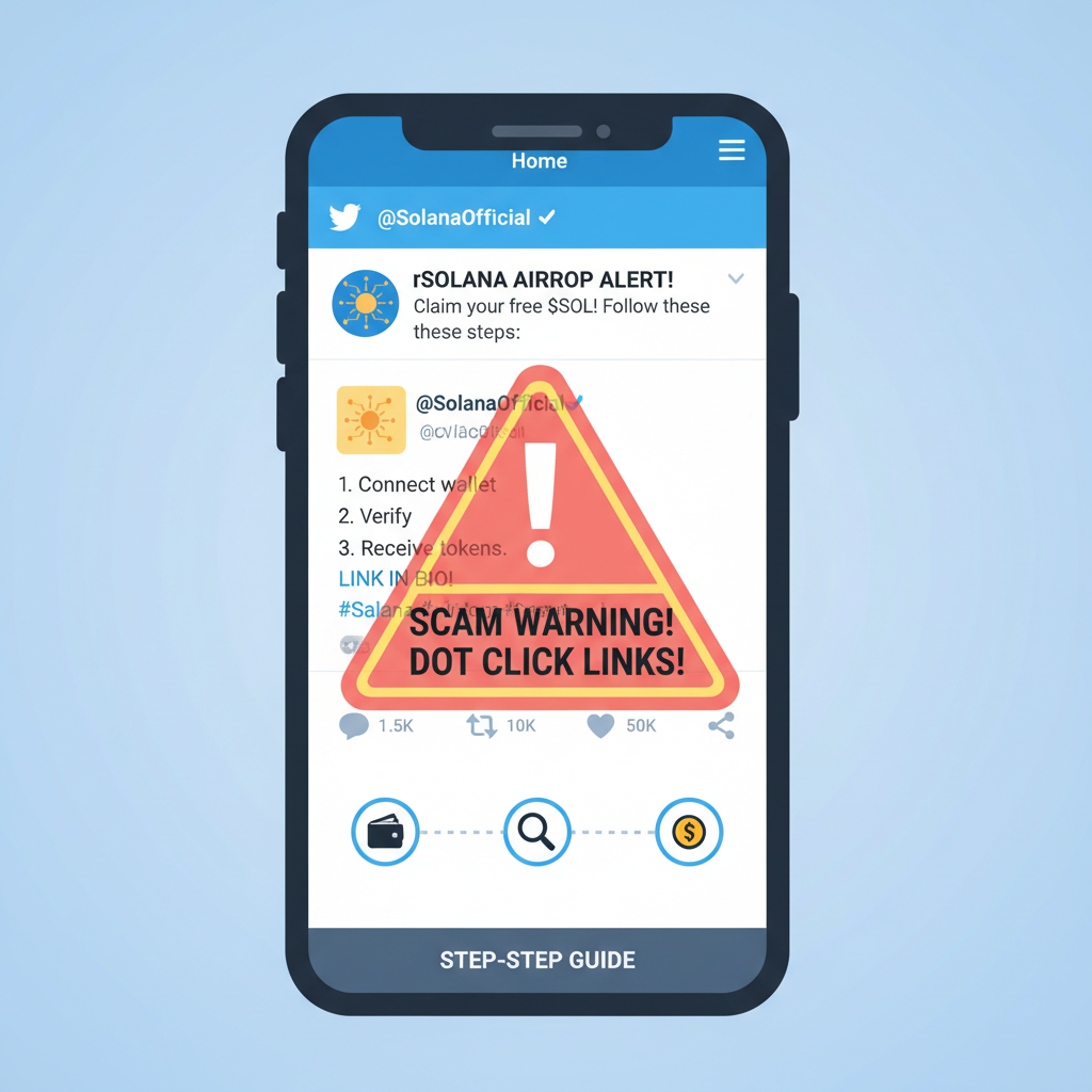 Twitter feed with Solana airdrop tweet from verified account, engagement icons, caution scam warning overlay