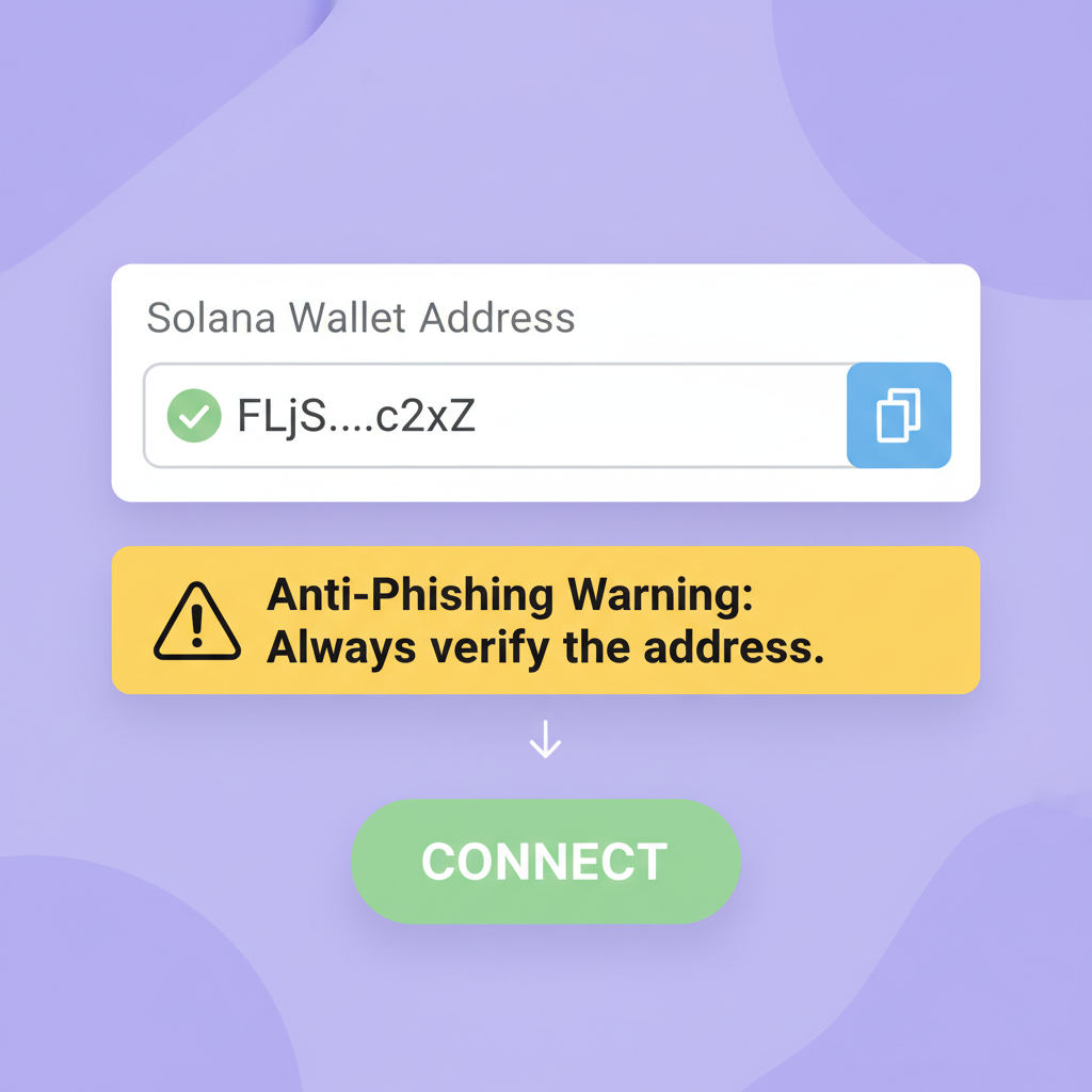 form field with Solana wallet address input, copy button, verification checkmark, anti-phishing warning