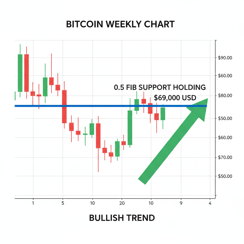 Bitcoin weekly chart, 0.5 Fibonacci retracement at $69K support holding with green candle close, bullish trend