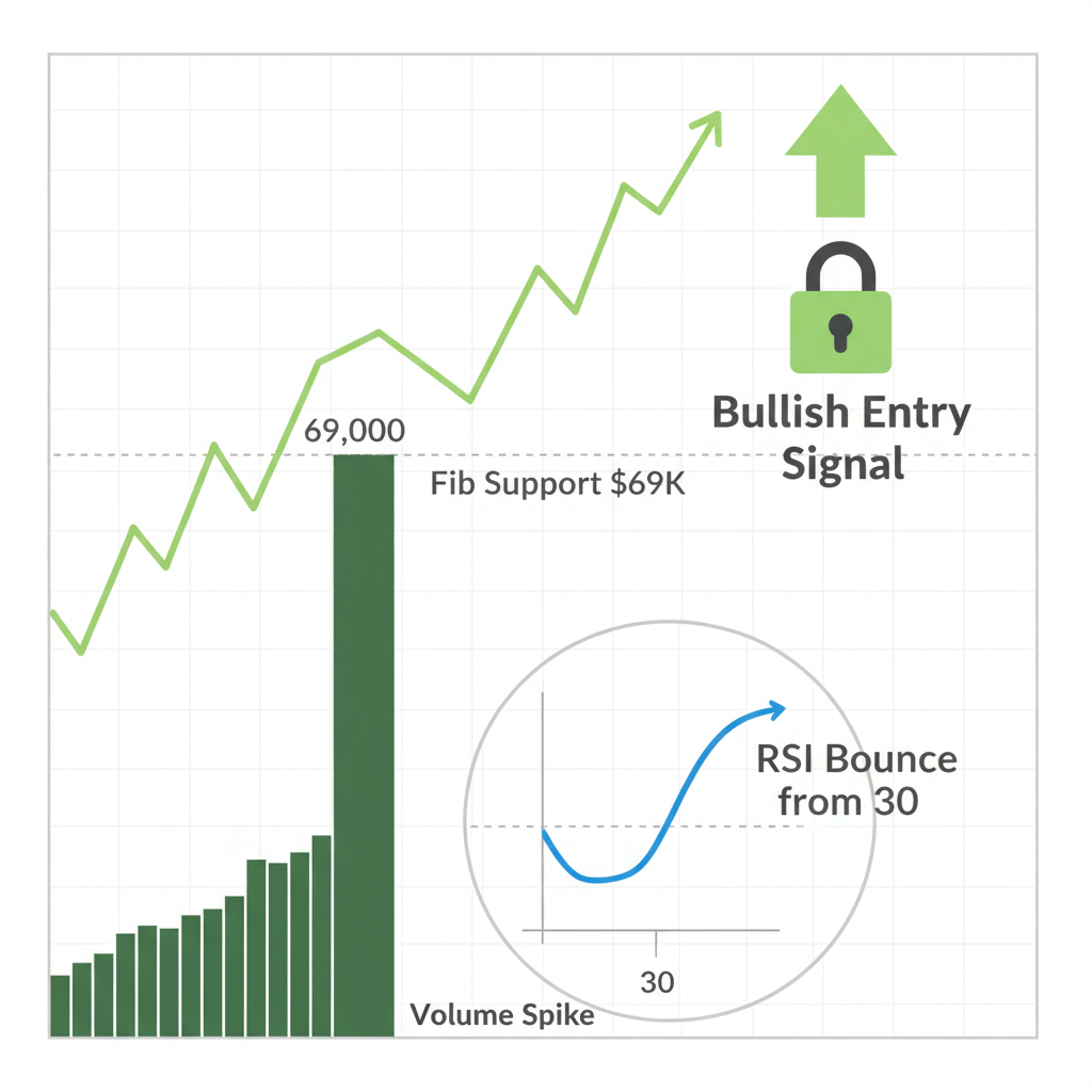 Bitcoin chart volume spike and RSI bounce from 30 at $69K Fib support, bullish entry signal