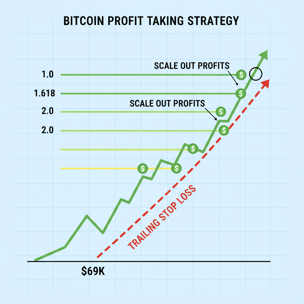 Bitcoin trading chart scaling out profits at Fib extensions, trailing stop loss upward from $69K