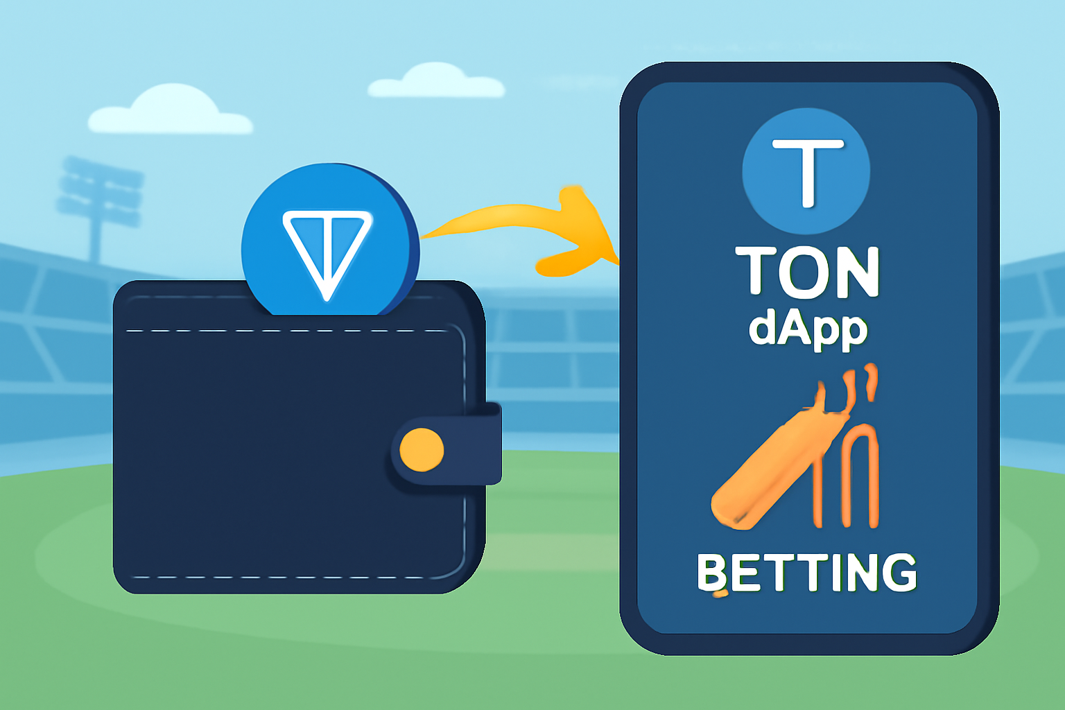 Wallet depositing Toncoin to TON cricket betting dApp, glowing blockchain transaction, cricket stadium background