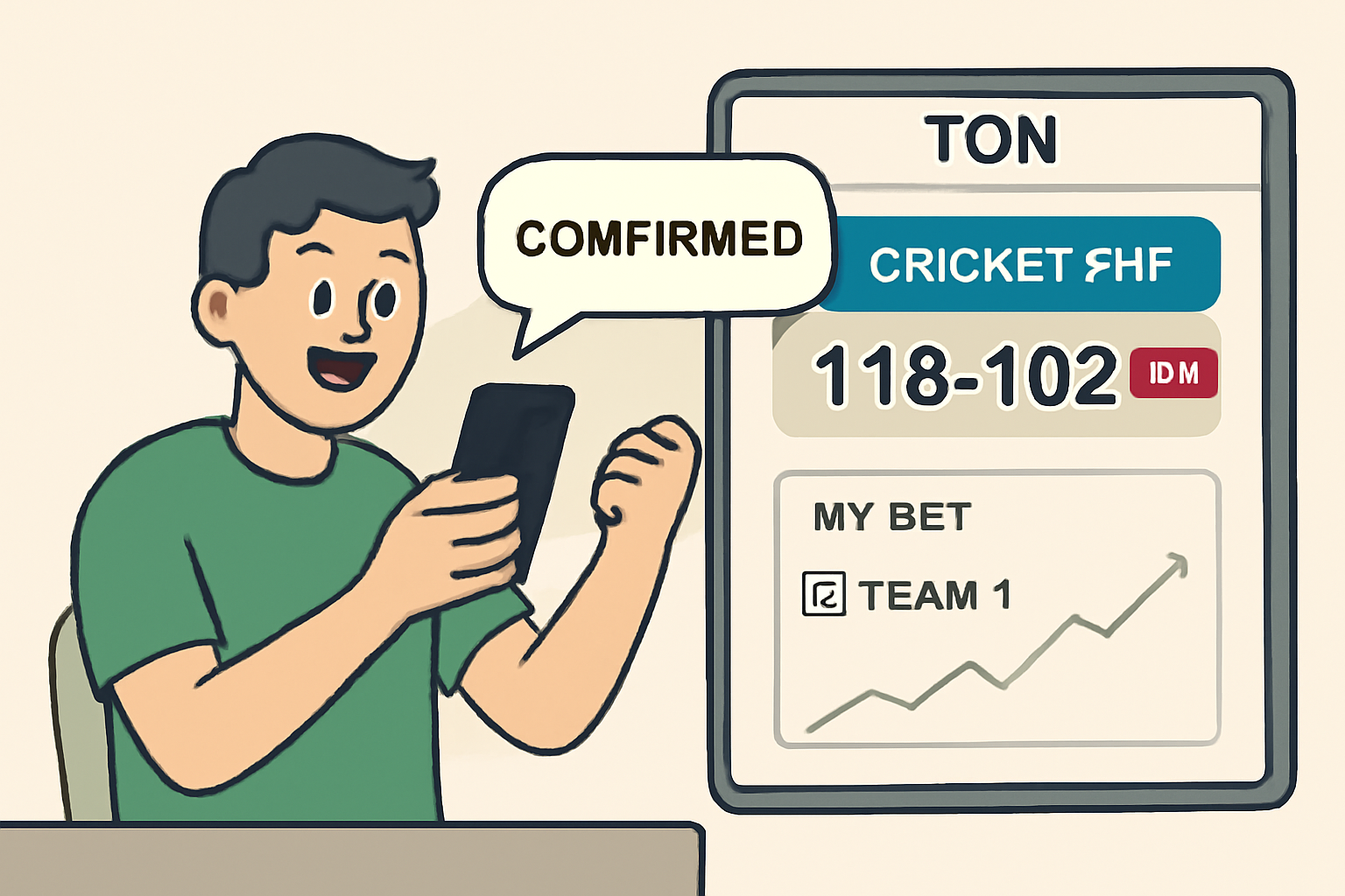 Confirming cricket bet on TON platform, live tracking dashboard, excited fan with phone