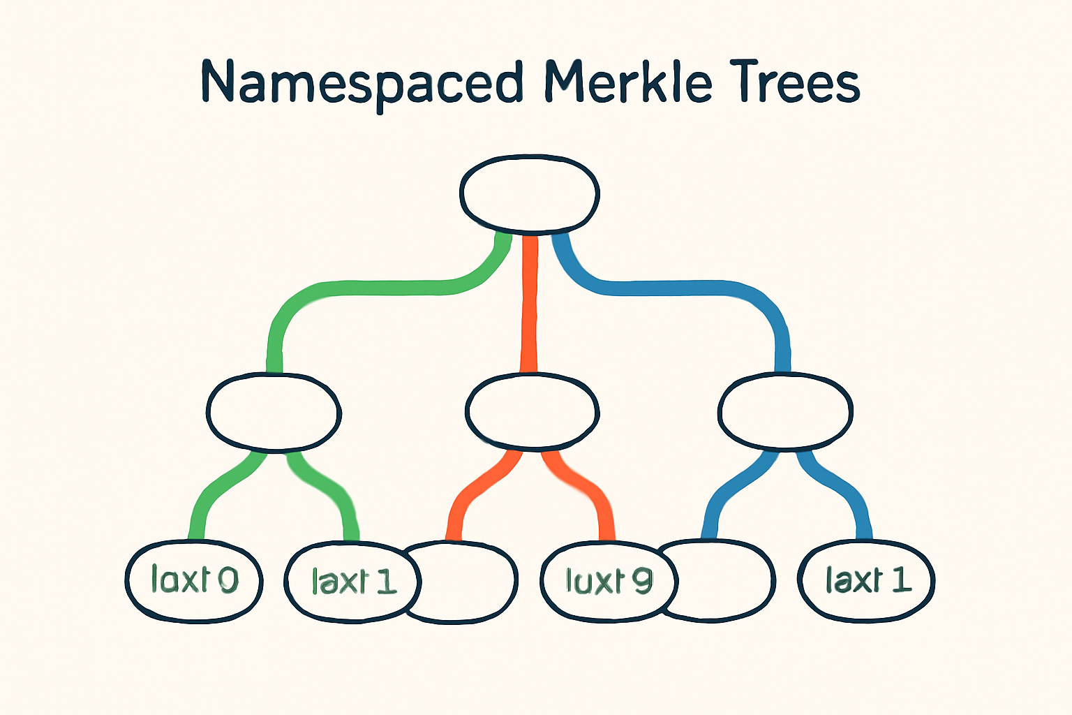 tree diagram illustrating Namespaced Merkle Trees with colored branches for different namespaces