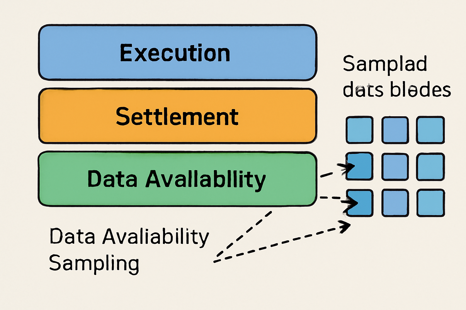 diagram showing modular blockchain layers with data availability sampling arrows pointing to sampled data blocks