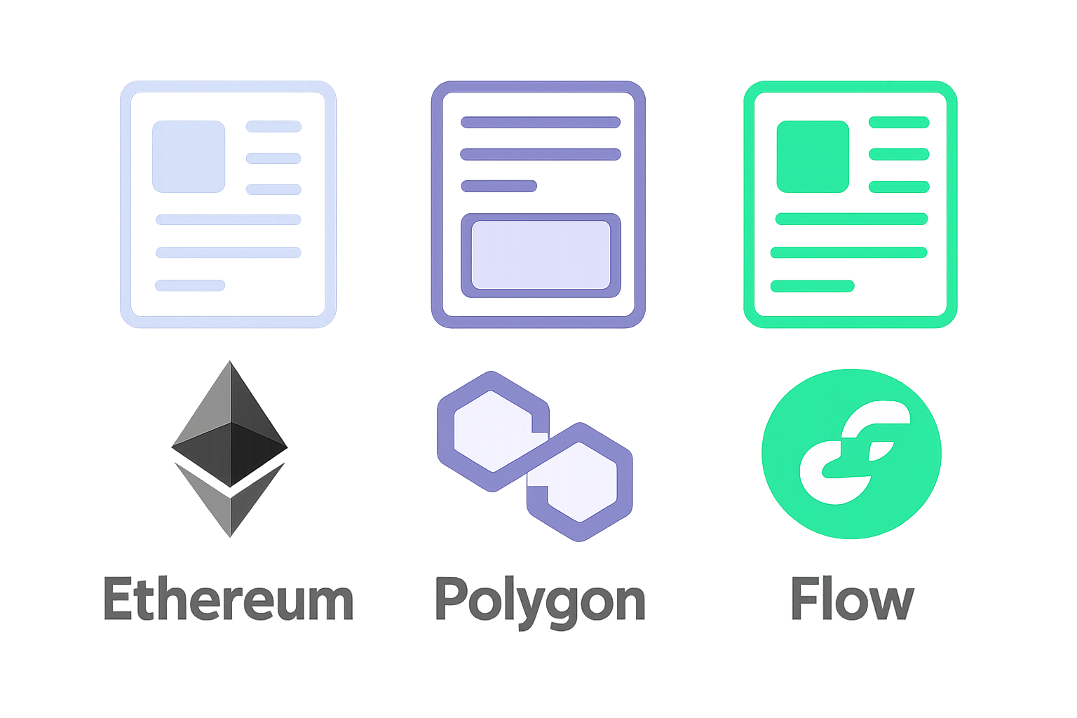Logos of Ethereum, Polygon, and Flow blockchains side by side, with digital cards floating above them.