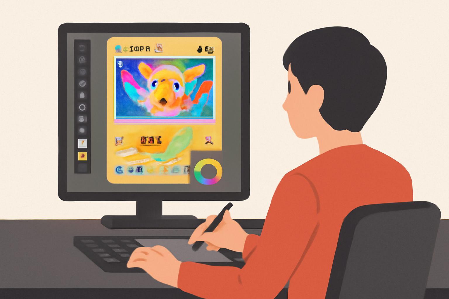 A digital artist editing a Pokémon card image on a computer, adding colorful effects and custom graphics.