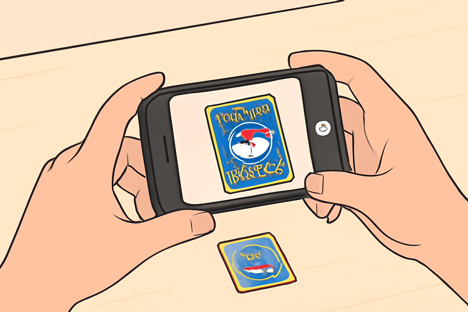 A person using a smartphone to take a clear, close-up photo of a Pokémon card on a clean table, with good lighting.