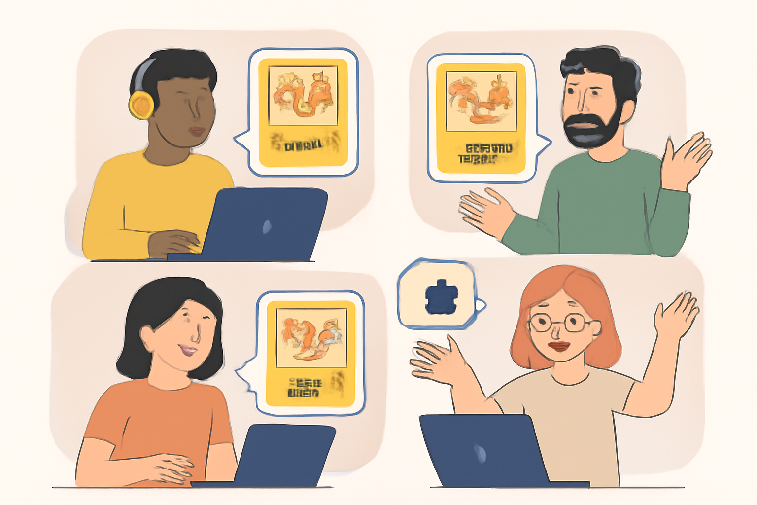 A group of diverse collectors chatting online, sharing Pokémon card NFTs and celebrating new drops.